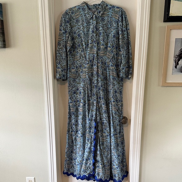 Juliet Dunn Blue and Cream Long Sleeve Dress - Picture 1 of 5